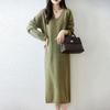 Women's V-Neck Pure Wool Knit Sweater Dress - Mid-Length, Loose Fit for Autumn & Winter
