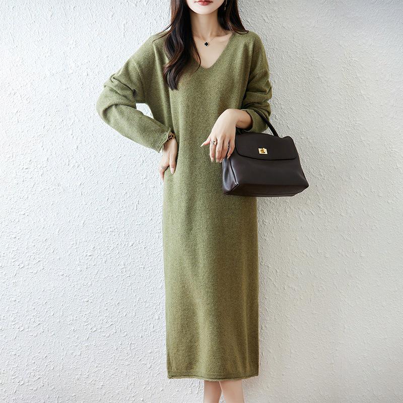 Women's V-Neck Pure Wool Knit Sweater Dress - Mid-Length, Loose Fit for Autumn & Winter