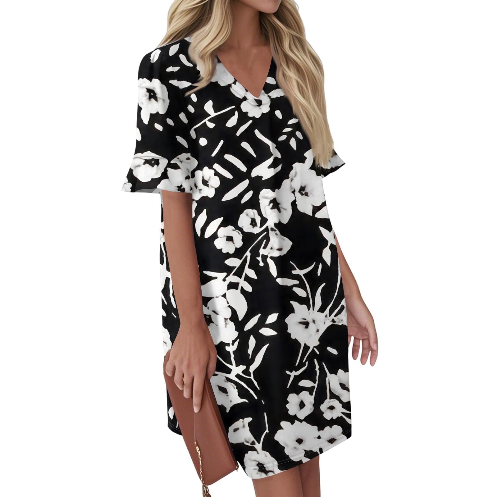 Women s Summer Vintage Color Block Patchwork Print Dress Pleated Short Sleeve V Tie Pocket Casual Dress L