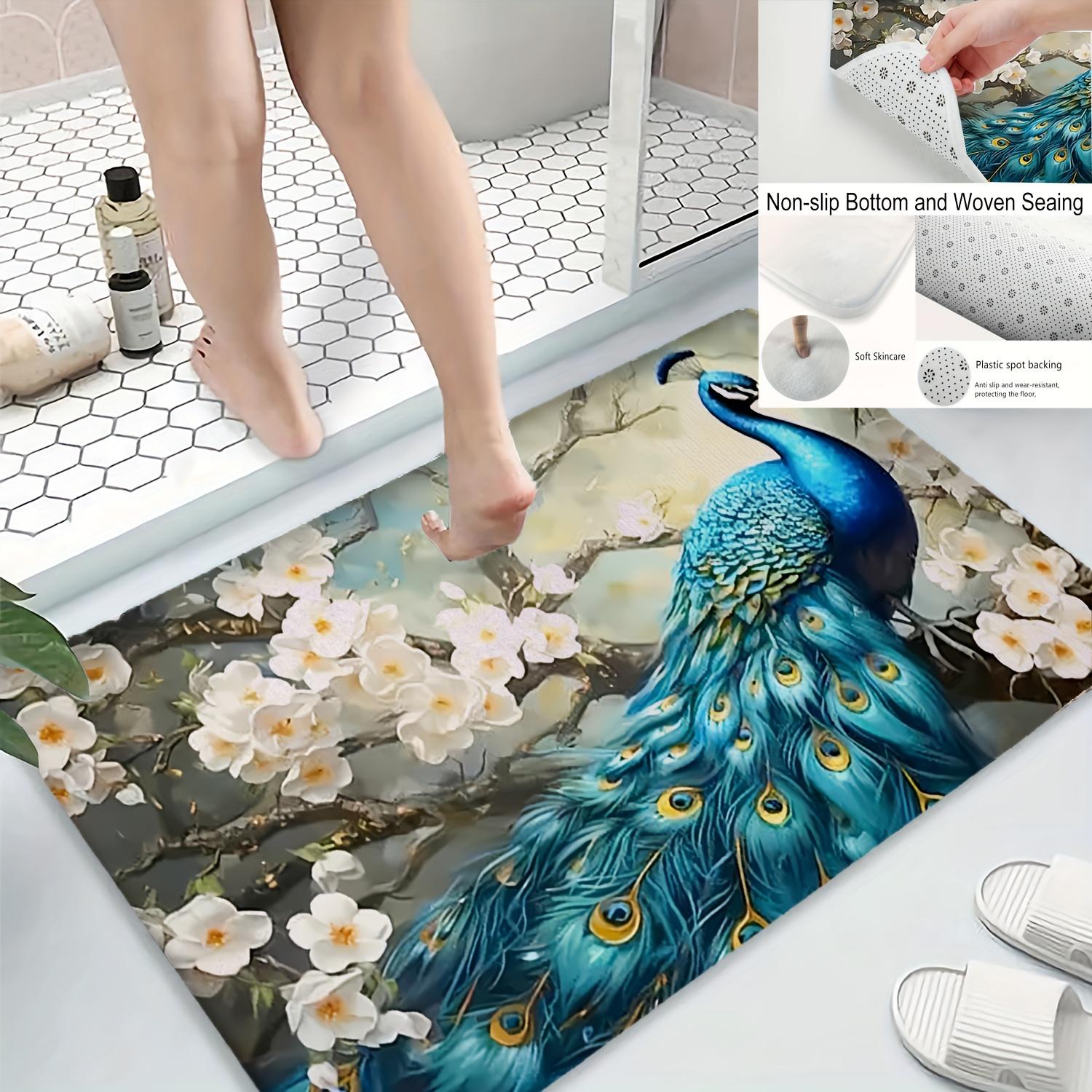 

Peacock And Cherry Blossom Printed Flannel Bath Mat With Soft Non Slip Backing Elegant Decorative Rug For Bathroom Or Home 40x60cm