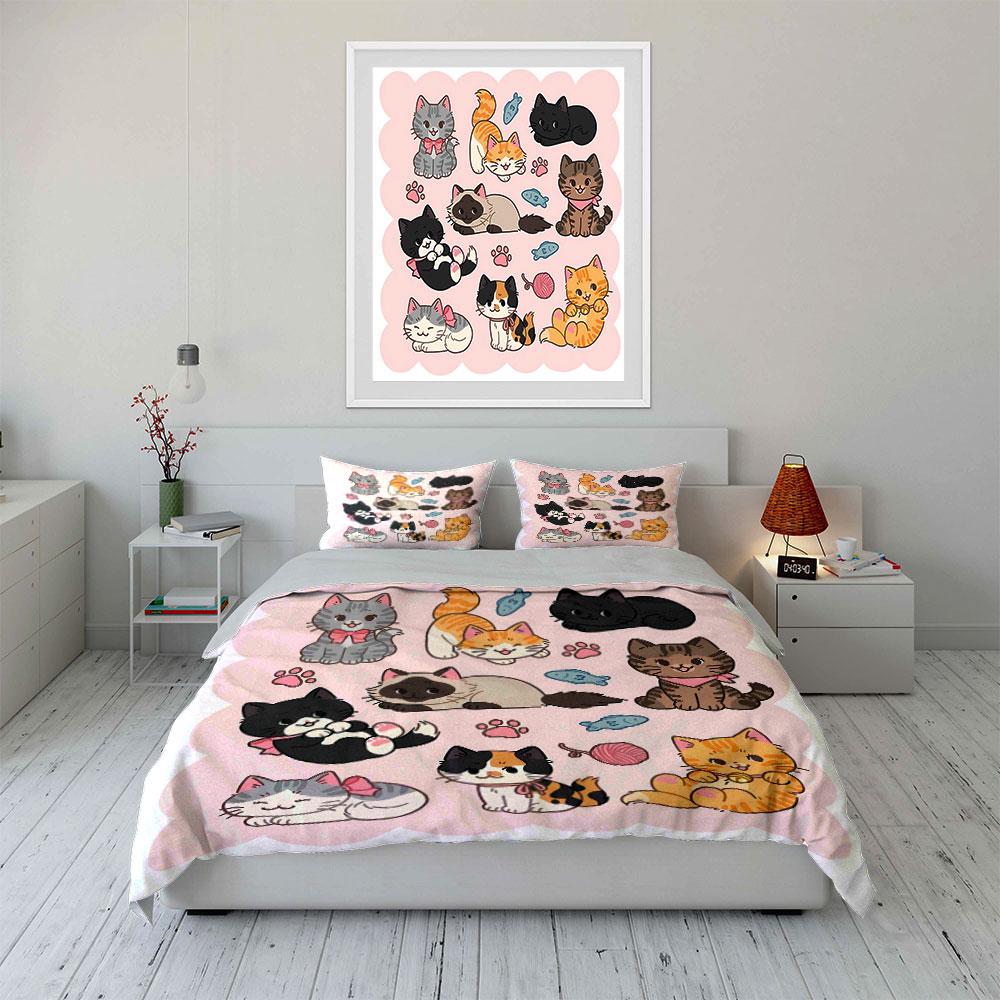 Cute Cartoon Cats Pattern Set Bedding Duvet Cover Set Duvet Cover Pillowcases (1*Duvet Cover 2*Pillowcases, Without Duvet Insert)