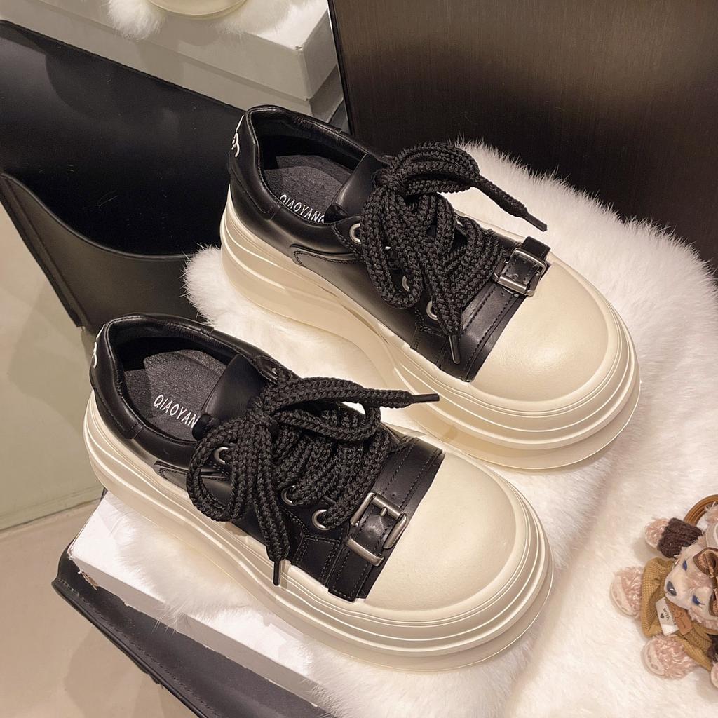 Simple Lace-up Casual Board Shoes Women's 2025 New Autumn Fashion Thick-soled Heightening Flat-soled Sports Shoes White Shoes Tide