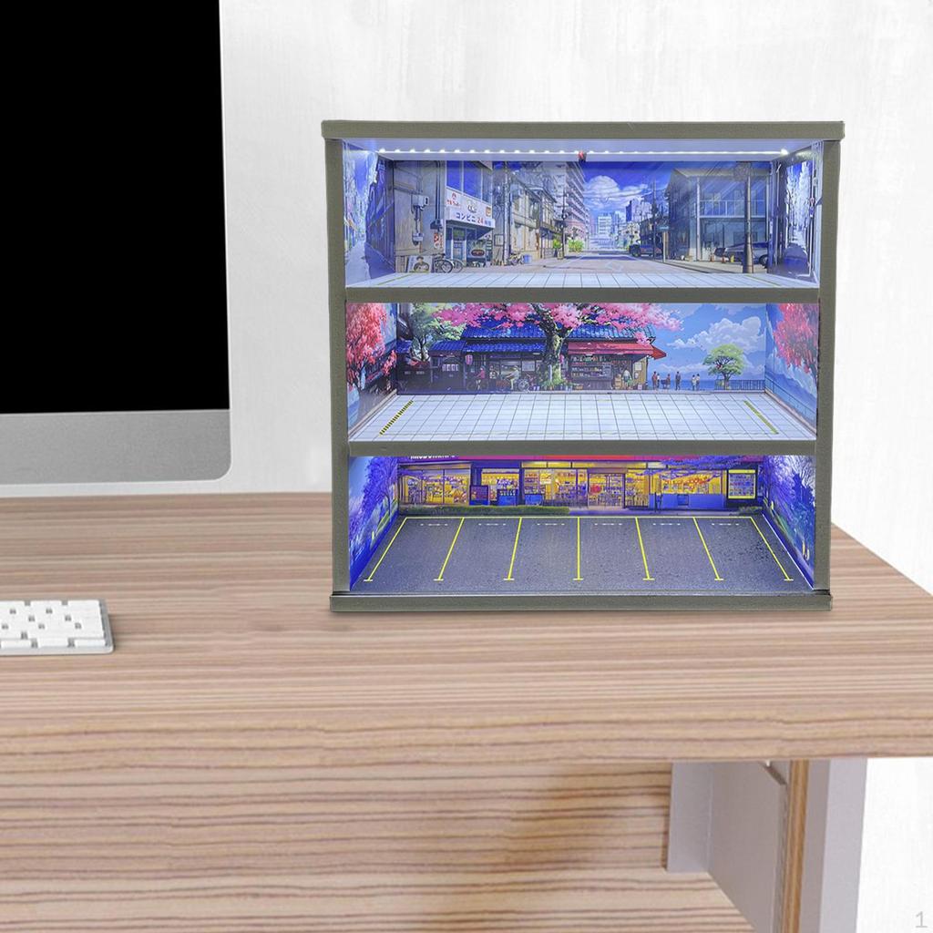 1/64 Model Car Display Case Miniature Scene Garage Diorama Dustproof 3 Tiers Toy Storage Box