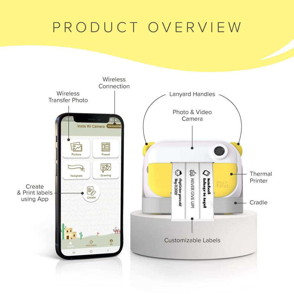 MyFirst Camera Insta Wi Instaway digitaler Fotoetikettendrucker für zu Hause Bildbearbeitung mit dedizierter App Inkless Yellow 3-in-1-Kamera, Drucker,
