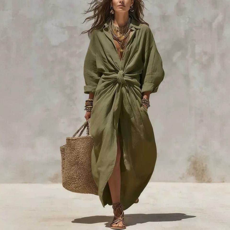 2026 Women's Solid Color Shirt Collar Long Sleeve Pocket Cardigan Dress