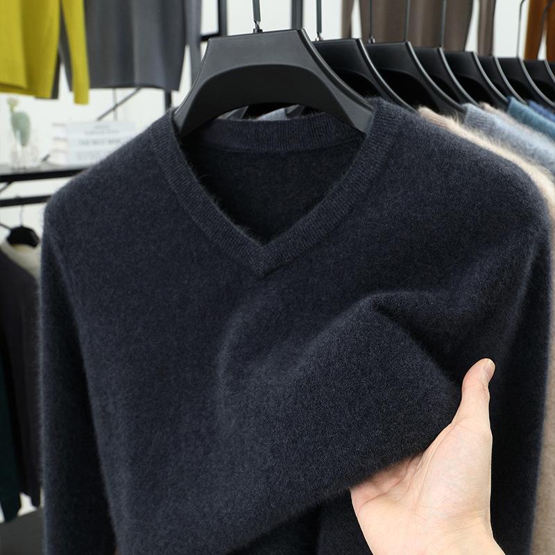 High-End Cashmere Thick V-Neck Wool Sweater for Men: Middle-Aged & Young, Warm Knitted Pullover
