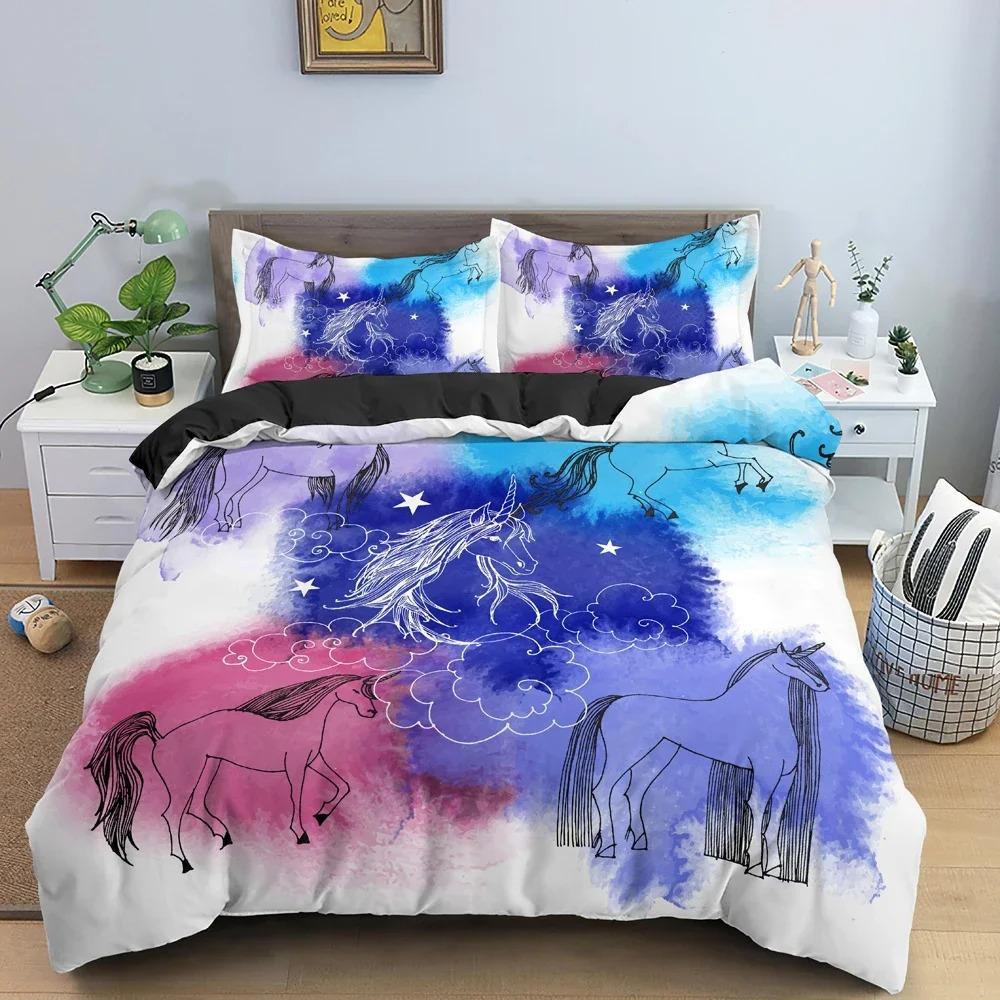 Cartoon Animal Unicorn Bedding Set Bedclothes Kid's Bedroom Duvet Cover Set Pillowcase King Queen Twin Size Home Texture