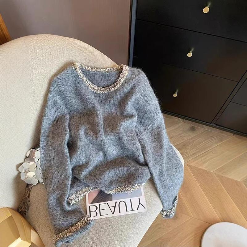 

Серый мохеровый свитер с круглым вырезом женский осенне-зимний новая мода ленивый стиль повседневный мягкий восковой универсальный вязаный свитер L серый