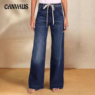 Women's New Spring Lace-up Stretch Jeans Straight Temperament Models Wide-leg Trousers