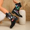 Vintage Flower Embroidery Western Boots Women Fashion Buckle Thick Heel Ankle Boots Woman Slip On Pointed Toe Short Booties 43