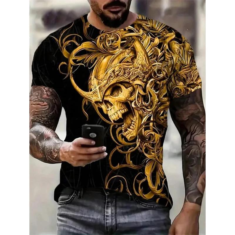 New Men's Horror Skull 3D Printed Print Retro Round Neck Short Sleeved Fashionable  T-shirt