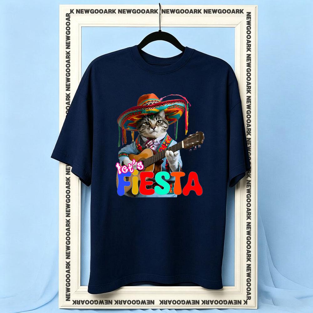 funny cat Play the guitar lets fiesta cinco de mayo Cinco de Mayo Fiesta Party tshirt Women Unisex Casual cotton printed t shirts S
