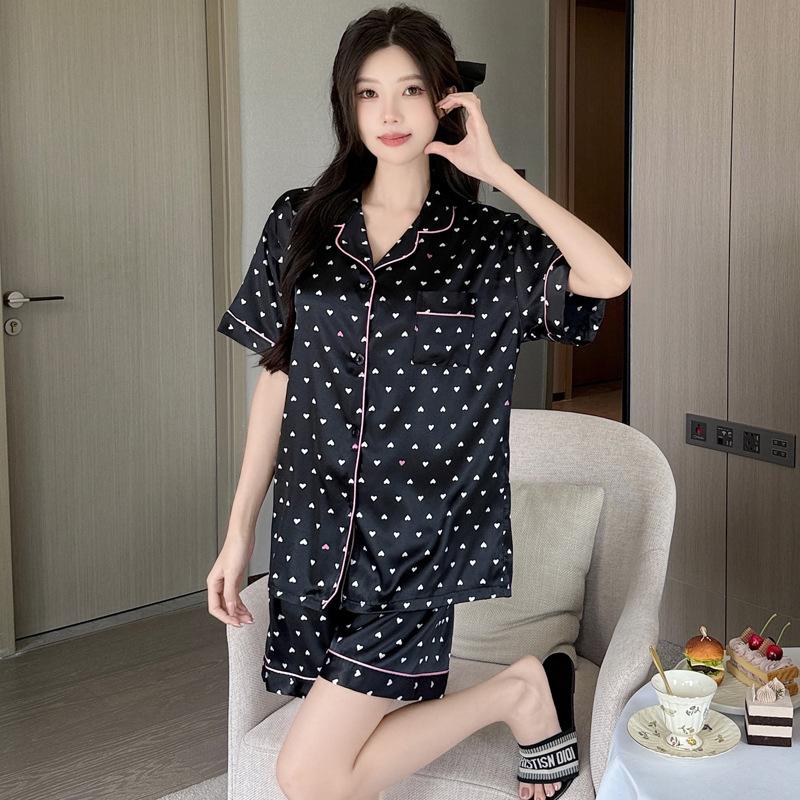 Ice Silk Pajamas Women'S Summer Black Love Pure Desire Short-Sleeved Loungewear Can Be Worn Outside Fashion Suit