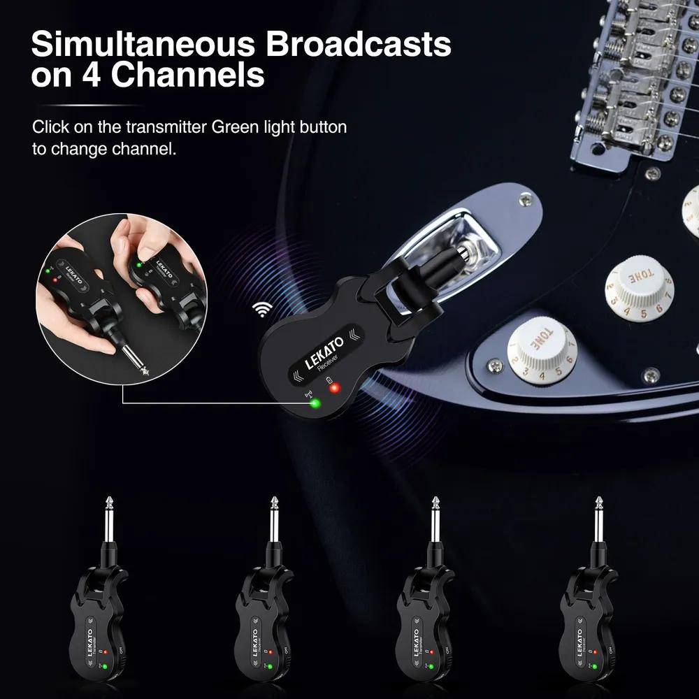 LEKATO WS-50 Wireless 5.8 GHz guitar system, rechargeable audio transmitter and receiver, 4 transmission channels, suitable for electric guitar