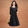 KeBeiEr Women's Black French Style A-Line Seven-Sleeve Dress