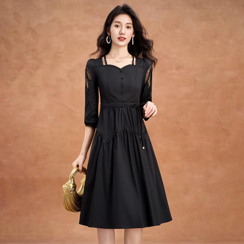 KeBeiEr Women's Black French Style A-Line Seven-Sleeve Dress
