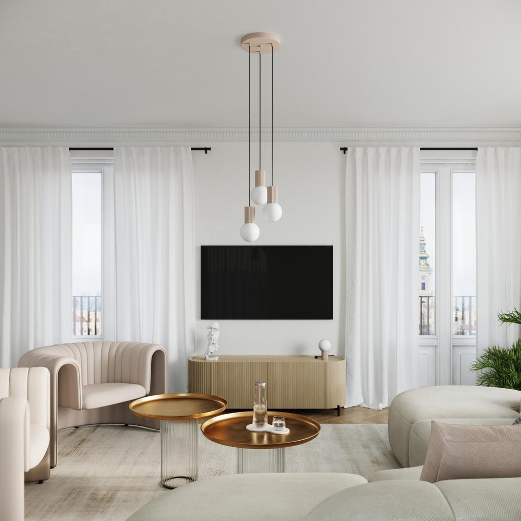 Lampa Wisząca Nowoczesna Okrągła Potrójna Taupe Ryflowana Szklane Białe Kule Do Salonu Jadalni Nad Stół 3Xg9 8W Halo Sollux Lighting