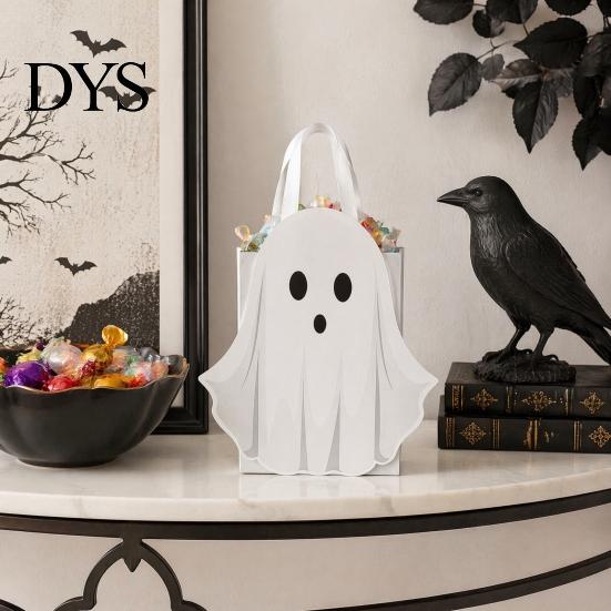 Foldable Trick or Treat Totes Halloween Ghost Cardboard Gift Bag, Cute Candy Goodie Bags Party Supplies for Children with Handle Birthday, Favors