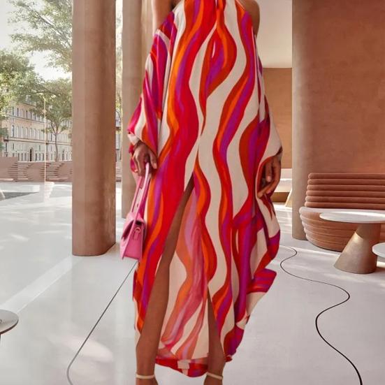 

Женское платье макси с открытыми плечами и контрастным цветным волнистым принтом, с длинным рукавом, свободное платье с разрезом на шее, с бретелькой на шее, нерегулярный подол, платье для выпускного вечера, женское вечернее клубное платье XL красный