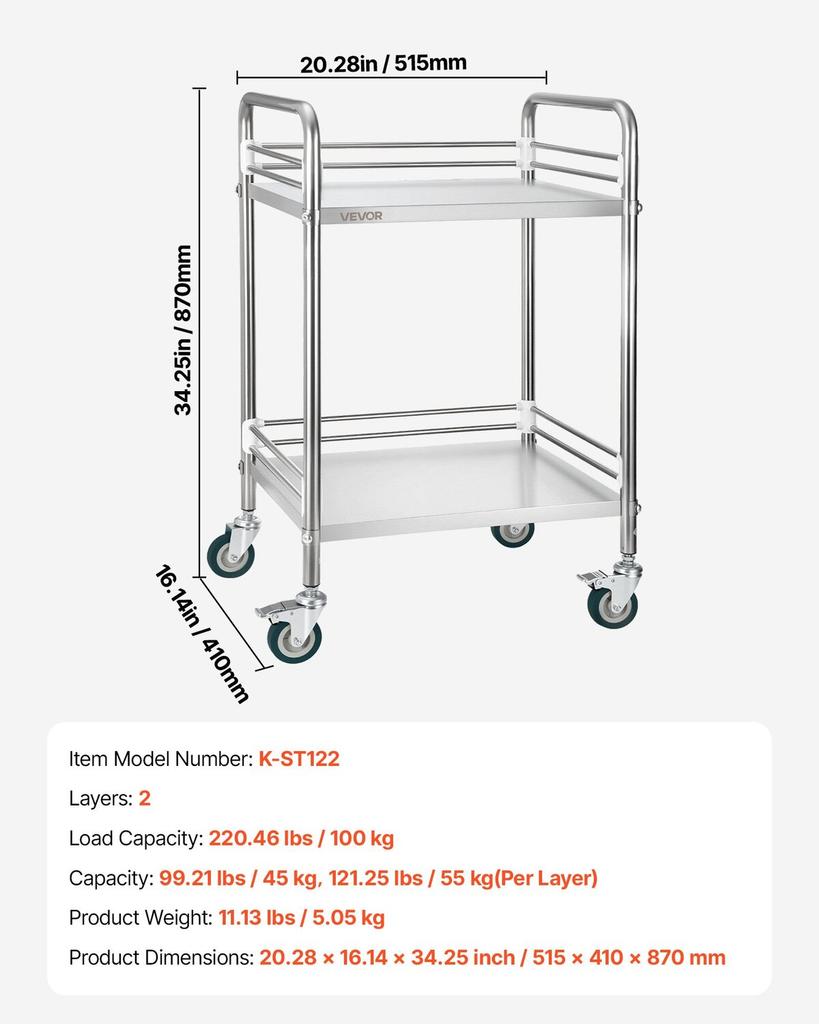 Stainless Steel Cart, 2-Tier Rolling Lab Utility Cart with Lockable Wheels, Medical Serving Trolley Clinic Tray, Heavy Duty Mobile Service Storage