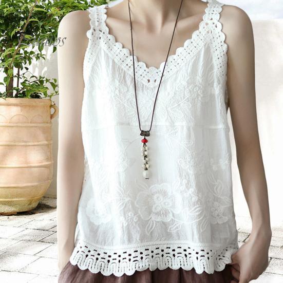 Dame Sommer Tank Tops V-hals Ermeløs Ensfarge Loose Fit Casual Bluse Broderi Blondemønster Sling Topper