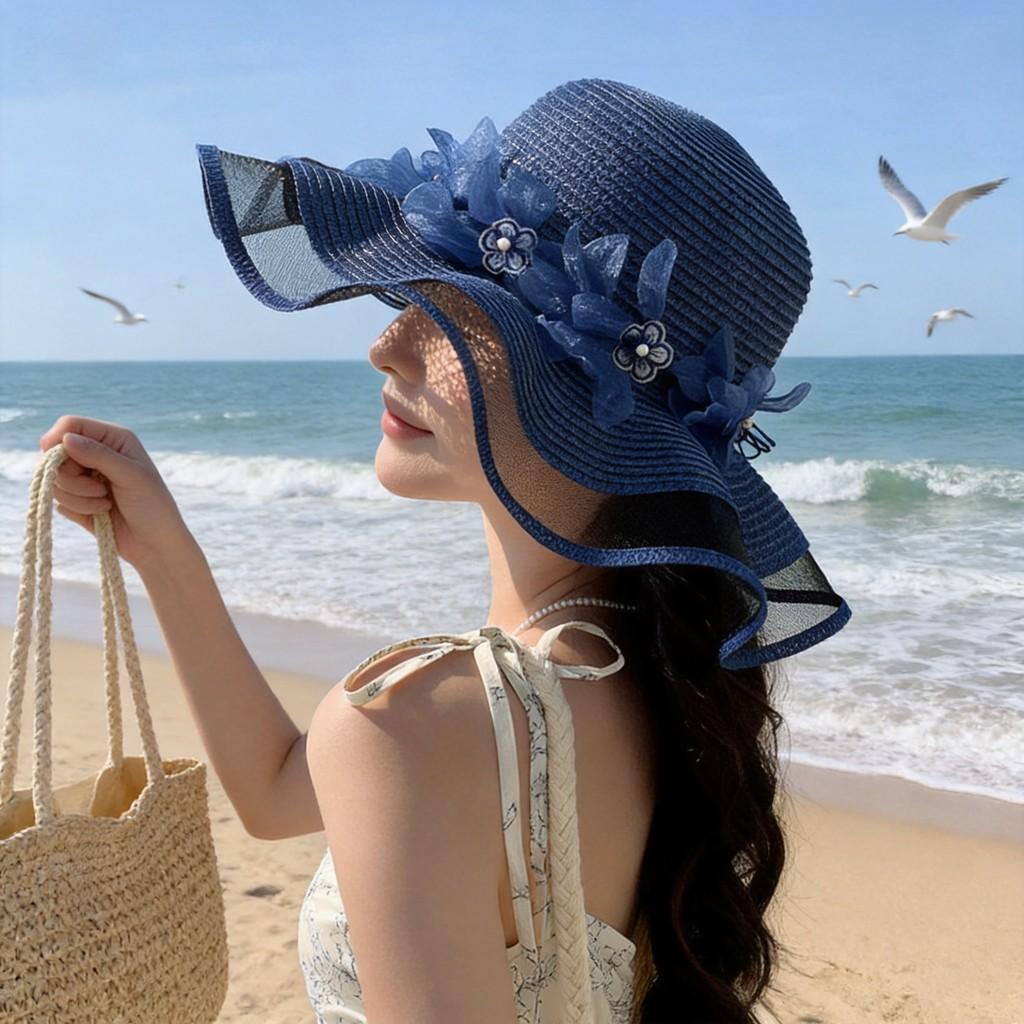 Summer Pearl Floral Straw Hat With Wide Brim For Outdoor Travel Sun Protection