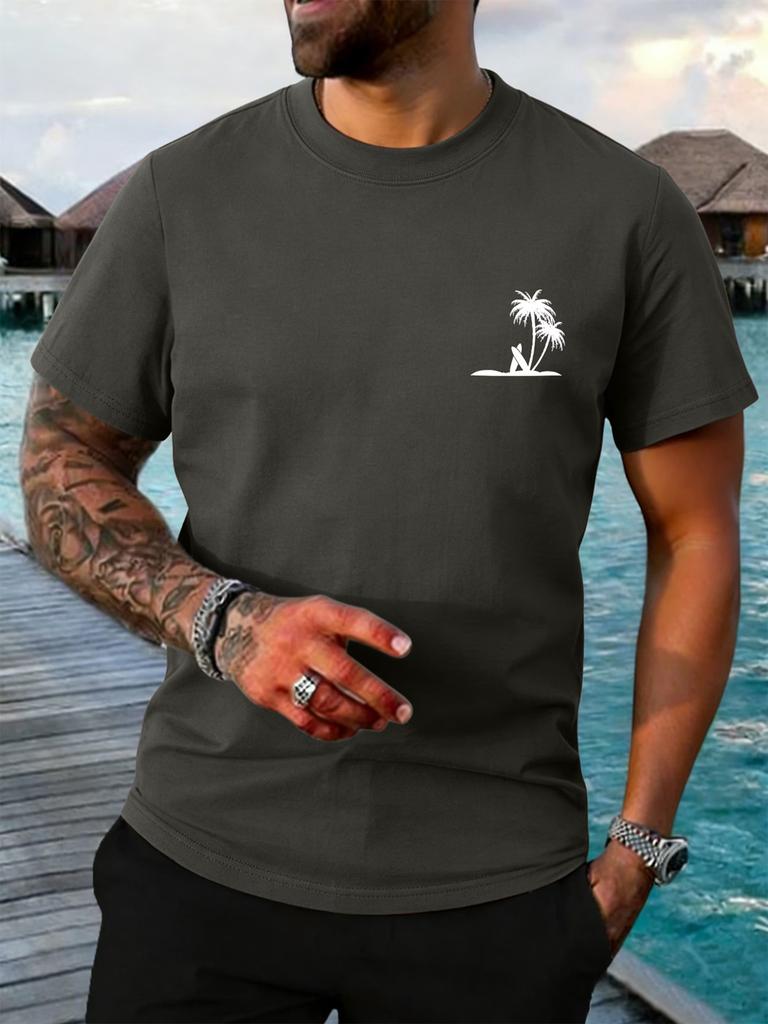 Chest Surf Palm Island Tiny Print Unisexs Crew Neck Short Sleeve Beach Vacation Casual Basic Summer Soft Daily Comfort Tee Shirt