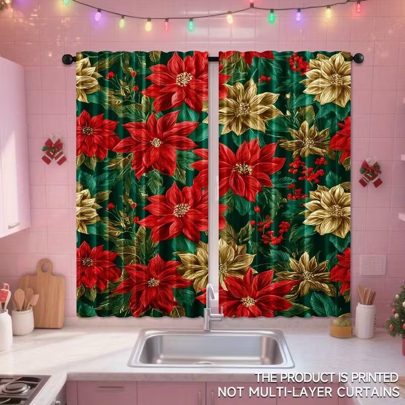 2pcs Poinsettia Christmas Curtains Elegant Design Polyester Window Decor for Holiday Bathroom Living Room Rod Pocket Curtains