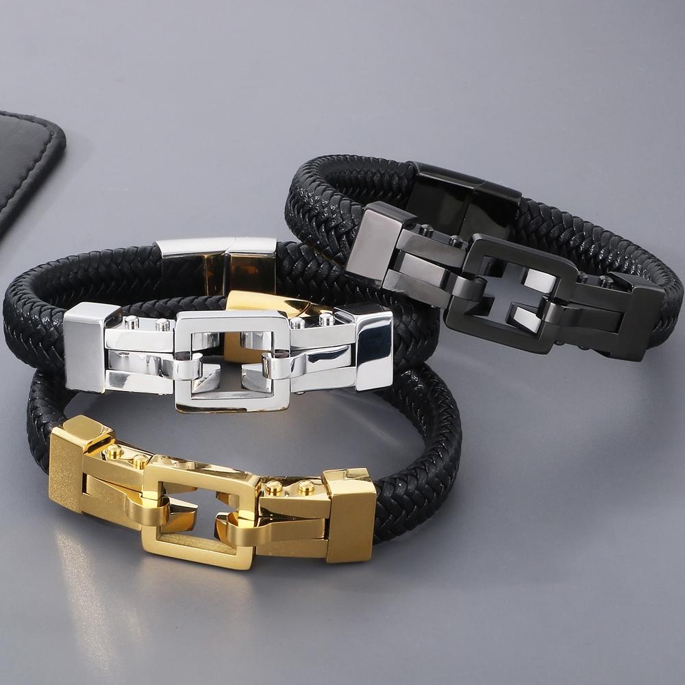 Handmade Braided Leather Wrap Man Bracelet Gold Color Stainless Steel Men's Bracelets with Magnet Clasp Birthday Party Gifts