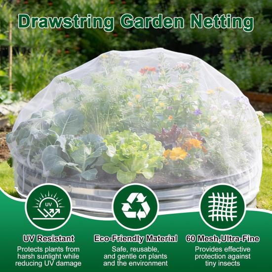 Insect Barrier Netting for 2 Ft Diameter Round Raised Beds Garden Netting with Drawstring Fine Mesh Plant Cover for Vegetables Flowers Fruits