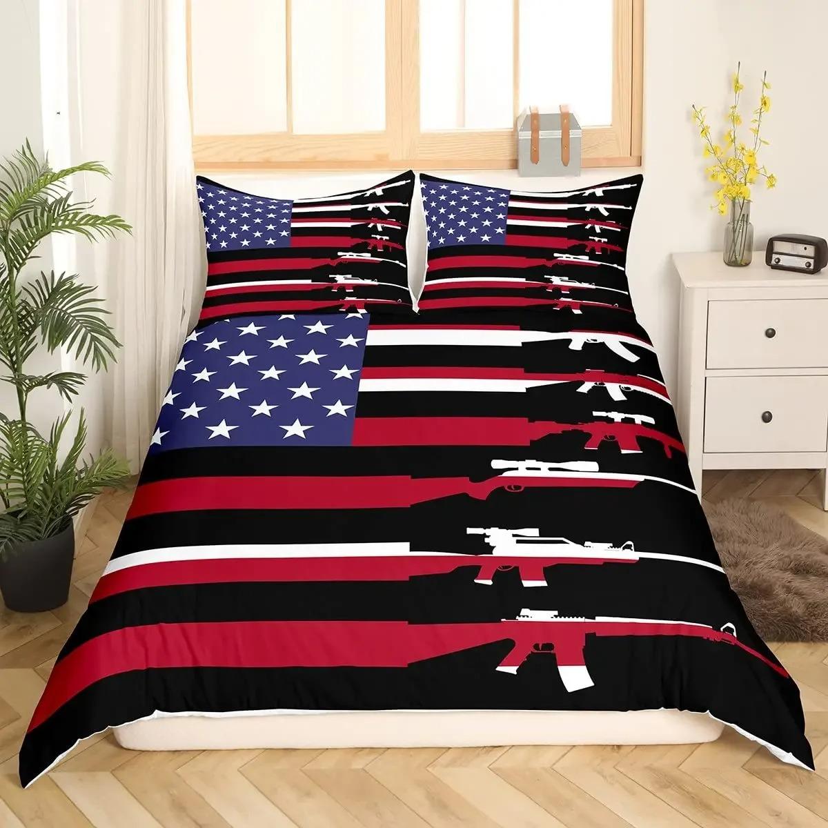 

Breathable Comfortable Queen King Comforter Quilt American Flag Machine Gun Polyester USA Federations Stars Stripe Comforter (quilt)-EU Single(135*200cm)3pcs