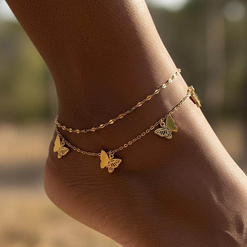 Stainless Steel Hollow Butterfly Pendant Anklet for Women Simple Gold Insect Double-Layer Foot Chain Beach Jewelry