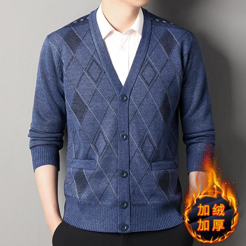 

Трендовая мода Осень Зима Свитера Пальто Мужские V-образный вырез Принт Винтовая вязка Утолщенный Смарт-кэжуал Длинный рукав Кардиган Вязаные топы XL синий/серый