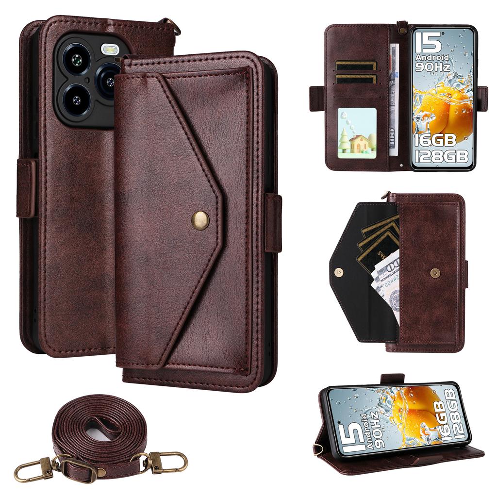 For Oukitel C65 Pro/C65 Leather Case Magnetic Closure Wallet Stand Phone Cover with Crossbody Strap