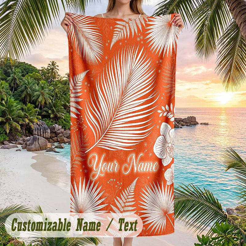 Tropical Leaves Elegance Theme Quick Dry Beach Towel Custom Name Text Print Large Sand Resistant Towel Beach Vacation