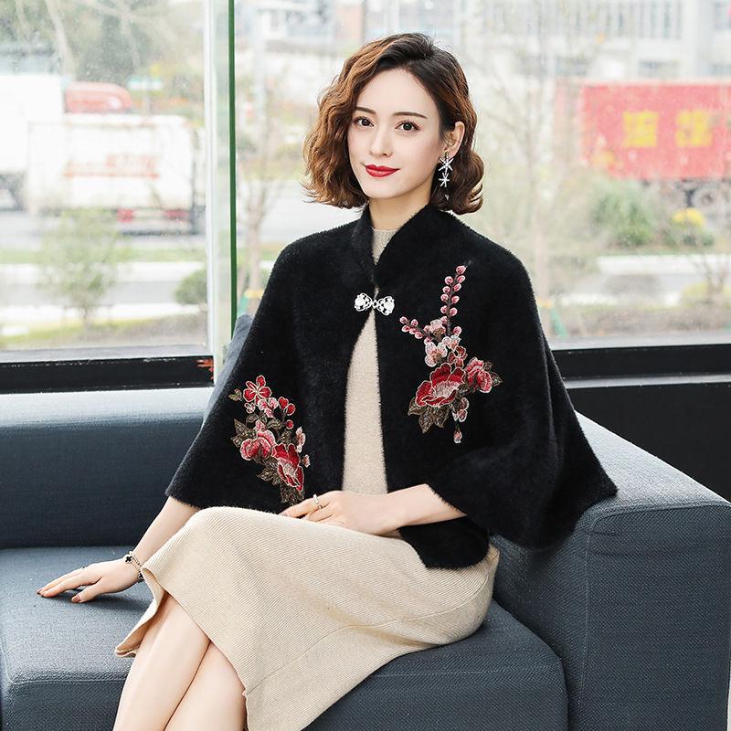 

Куртка-шаль с накидкой, женская короткая вышитая маленькая кофточка, шаль, куртка, универсальная накидка, вязаный свитер one size чёрный