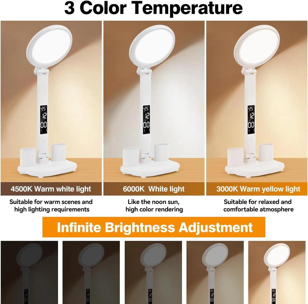 Rechargeable Table Lamp for Study, Desk Lamp Reading Light Led Table Light with Fan, Led Clock Dispaly Reading Lamp