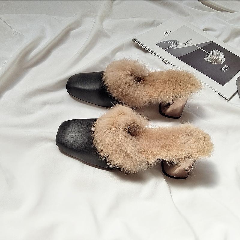 Fashion Autumn Winter Retro Square Toe Mules Women Warm Plush Fur Slippers Metal Thick Heel Slip On Flip Flops Comfort Furry Hair Slides