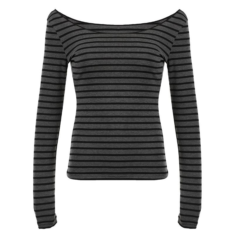 Europäische und amerikanische gestreifte leichte und dünne vielseitige Bluse mit großem Rundhalsausschnitt, kontrastfarben und figurbetont, kann ein schulterfreier Pullover sein, gestrickt