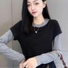 Plus Size Patchwork Faux Layer Long-Sleeve T-Shirt for Women, Slimming and Versatile Autumn Style.