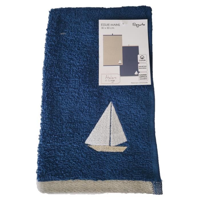 Essuie Mains - Bateau - 30 X 50 Cm - 100% Coton - Bleu - Entretien Facile