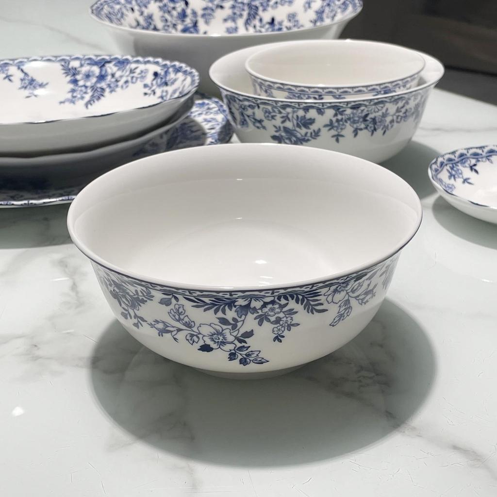 Blue and White Porcelain Pastoral Style Large Noodle Bowl, Microwave-Safe Ceramic Vegetable Dish, Underglaze Tableware