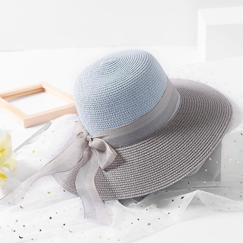 FashionTwo-color Patchwork Striped Bowknot Summer Sun Hat Women Straw Beach Hat Large Brimmed Hat