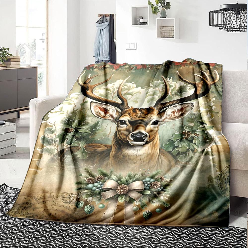 1pc Deer Christmas Blanket Lightweight Flannel Throw for Sofa Bed Travel Camping Livingroom Office Couch Chair