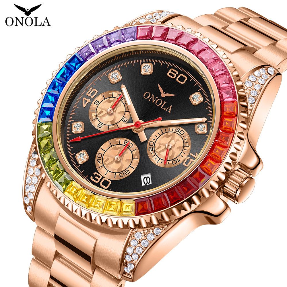 ONOLA Luxus Gold Uhr Herren Automatik Datum Edelstahl Wasserdicht Uhr Mode Regenbogen Iced Diamant Quarz Armbanduhr