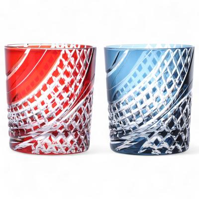 Mizukage Kiriko Pair Glass Cups 280cc Flowing Water Lattice Red Ink Blue Bishou Current Model J-kitchens 80xH90mm &