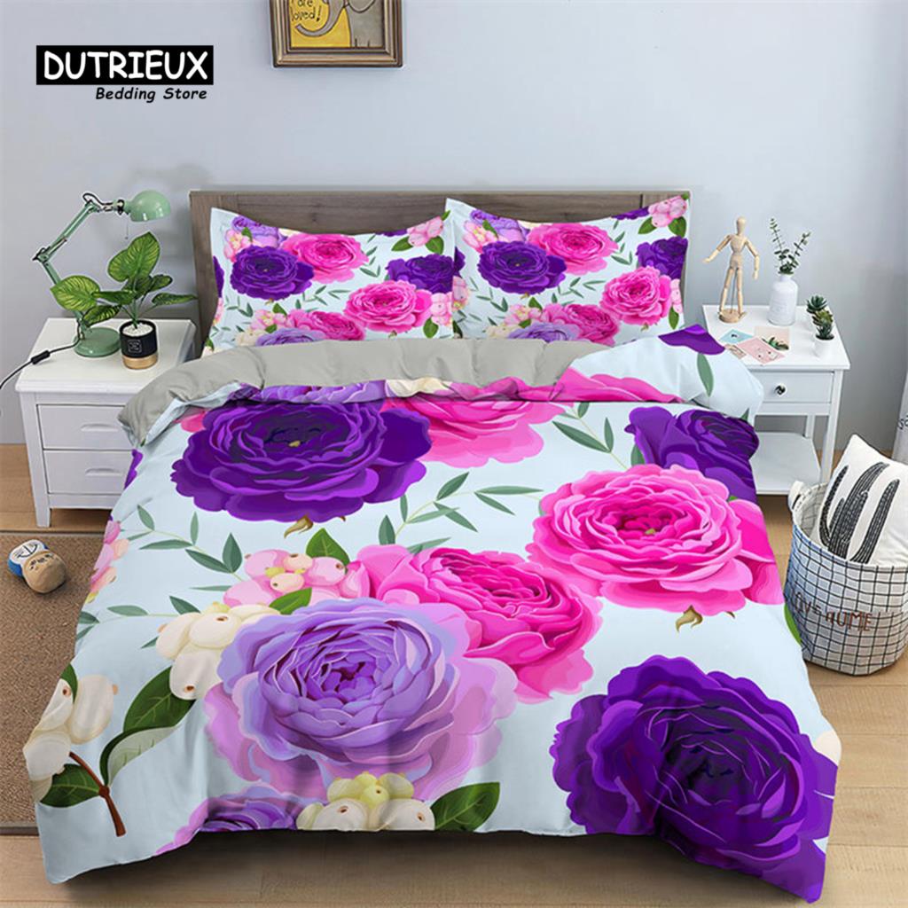 Romantic Flower Duvet Cover Rose Floral Bedding Set Microfiber Comforter Cover King For Girl Women Wedding Valentine's Day Decor