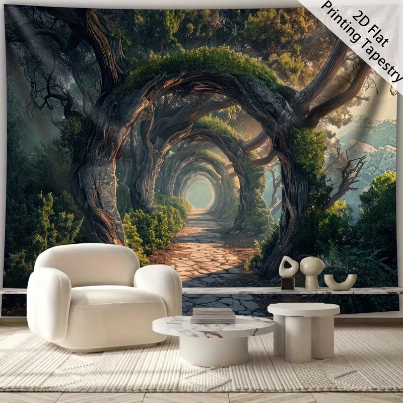 2D Fantasy Wald Wandteppich Mystischer Baum Bogen Kopfsteinpflasterweg Wandbehang
