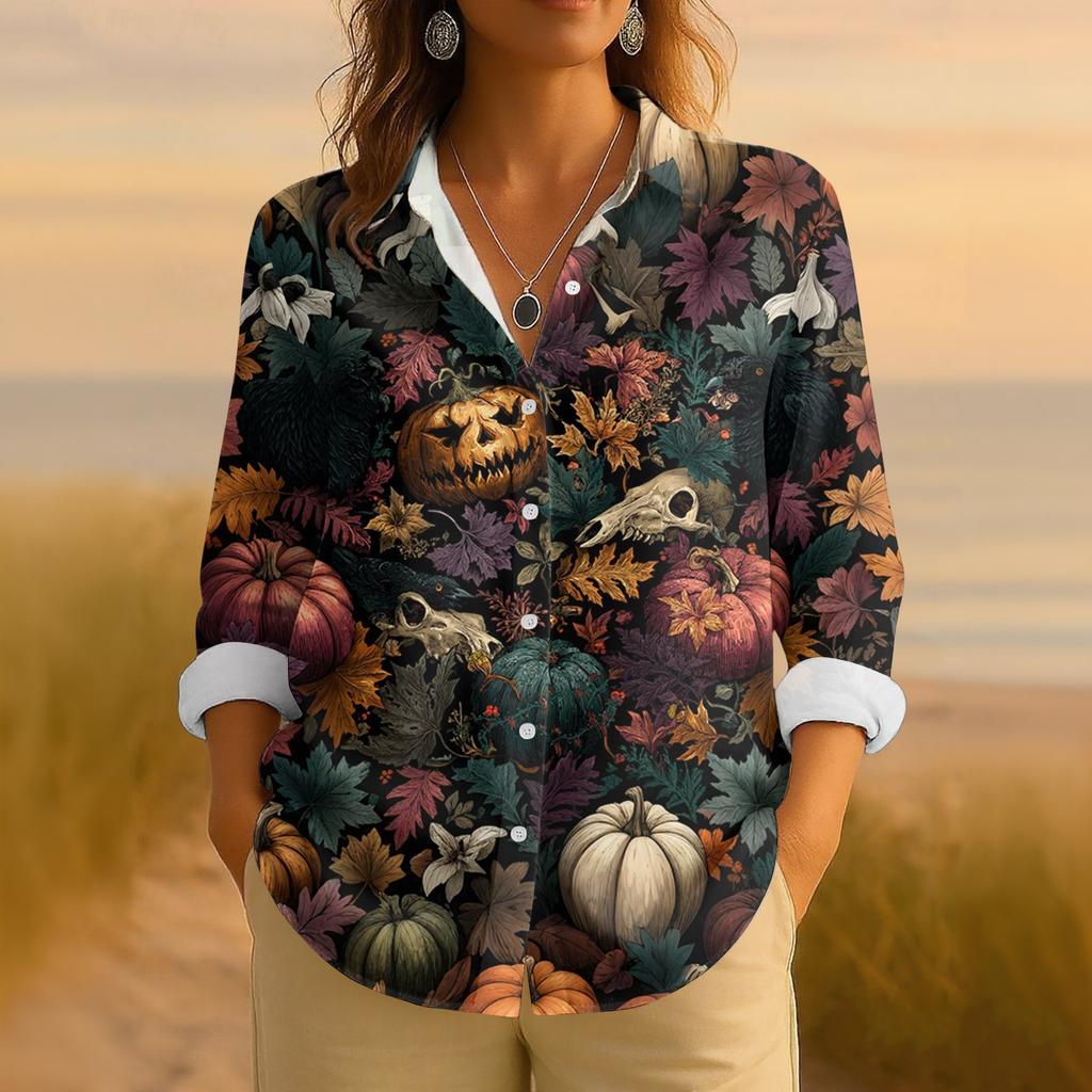 Dame Retro Halloween Trykket Knappelukking Langermet Casual Vanlig Skjortekrage Topp