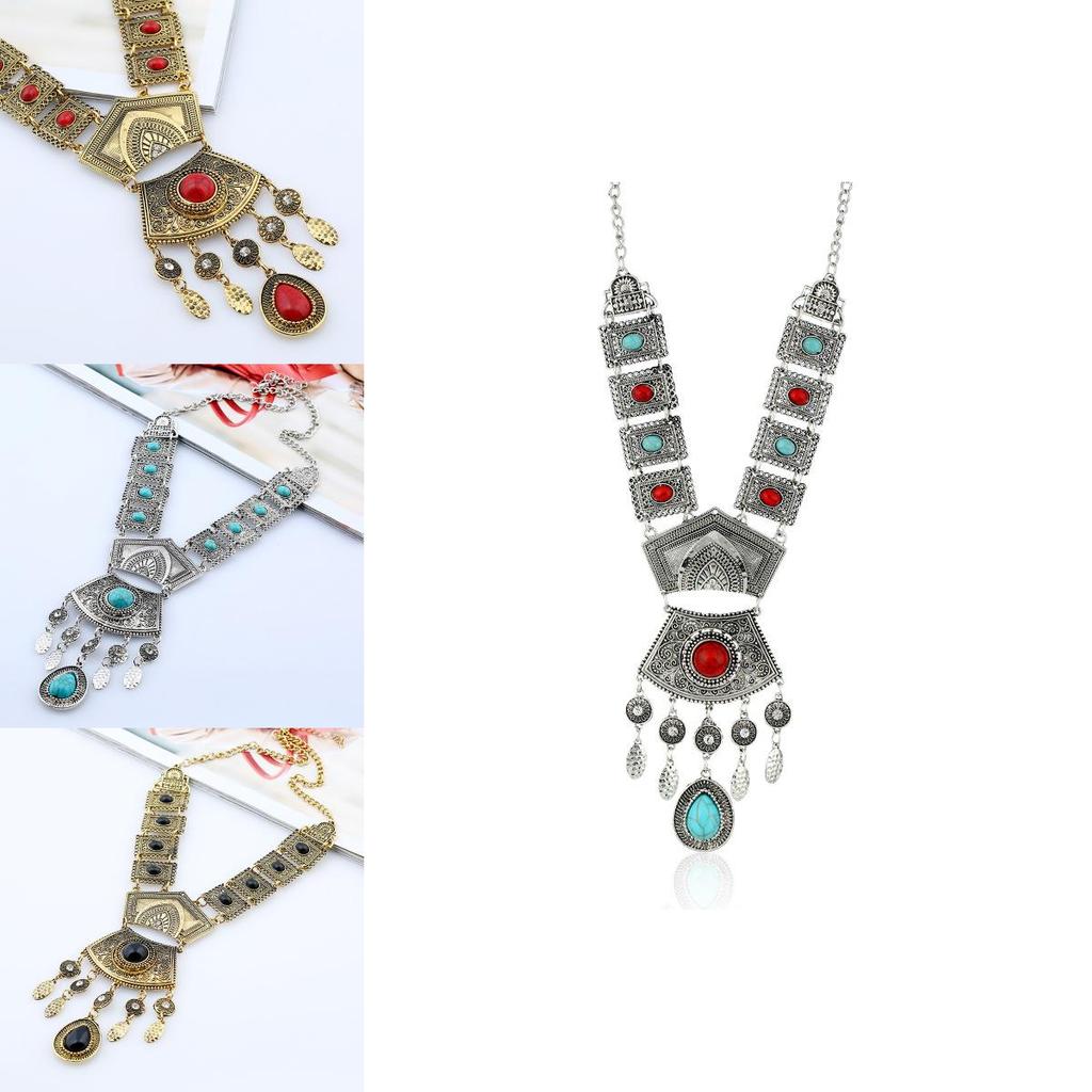 Style Simulation Ethnic Gemstone Decoration Women Metal Necklace With Tassel